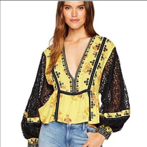 Free People Boho Yellow Embroidered Top - Picture 1 of 11
